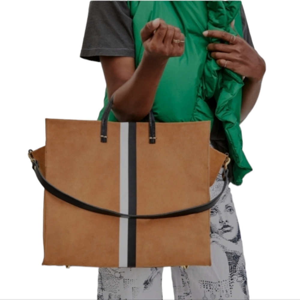 Claire V. Simple Tote 100% Suede Leather Camel Vinyl Stripe Tote Womens Purse